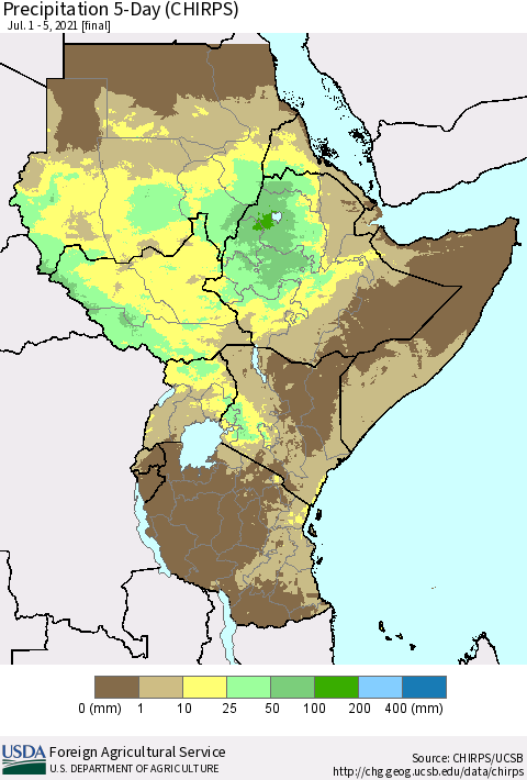 Eastern Africa Precipitation 5-Day (CHIRPS) Thematic Map For 7/1/2021 - 7/5/2021