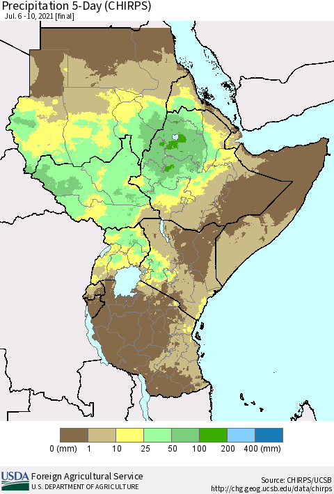 Eastern Africa Precipitation 5-Day (CHIRPS) Thematic Map For 7/6/2021 - 7/10/2021