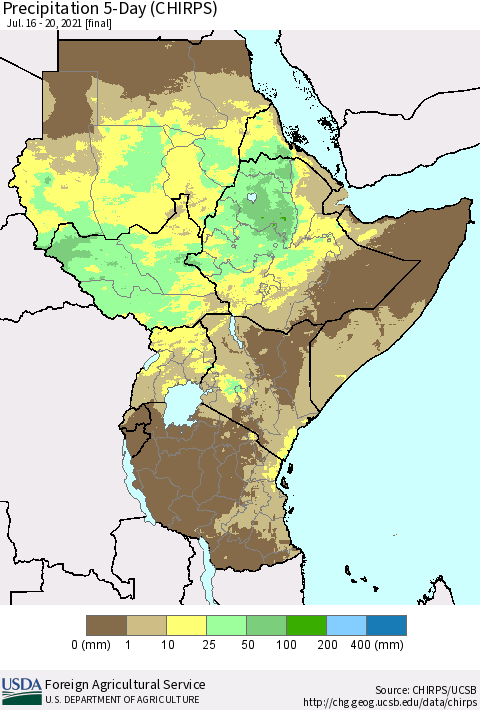 Eastern Africa Precipitation 5-Day (CHIRPS) Thematic Map For 7/16/2021 - 7/20/2021