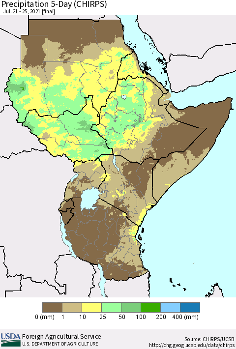 Eastern Africa Precipitation 5-Day (CHIRPS) Thematic Map For 7/21/2021 - 7/25/2021