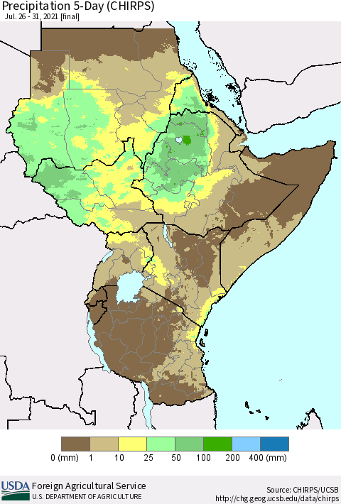 Eastern Africa Precipitation 5-Day (CHIRPS) Thematic Map For 7/26/2021 - 7/31/2021