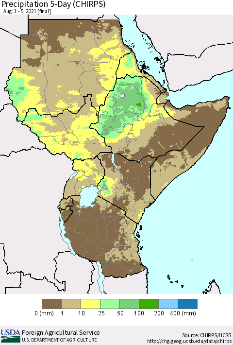 Eastern Africa Precipitation 5-Day (CHIRPS) Thematic Map For 8/1/2021 - 8/5/2021