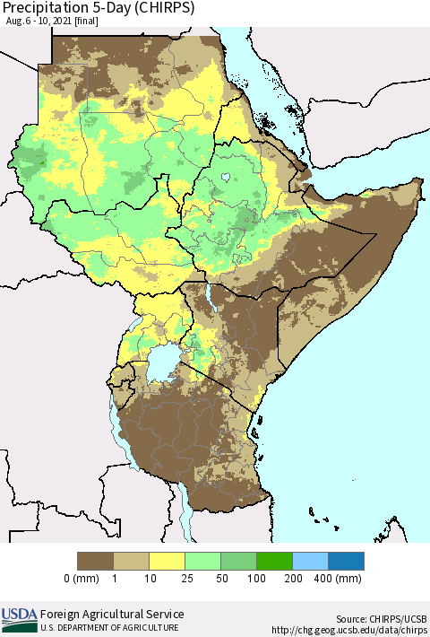 Eastern Africa Precipitation 5-Day (CHIRPS) Thematic Map For 8/6/2021 - 8/10/2021