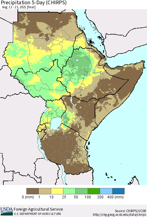 Eastern Africa Precipitation 5-Day (CHIRPS) Thematic Map For 8/11/2021 - 8/15/2021