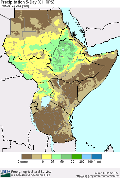 Eastern Africa Precipitation 5-Day (CHIRPS) Thematic Map For 8/21/2021 - 8/25/2021