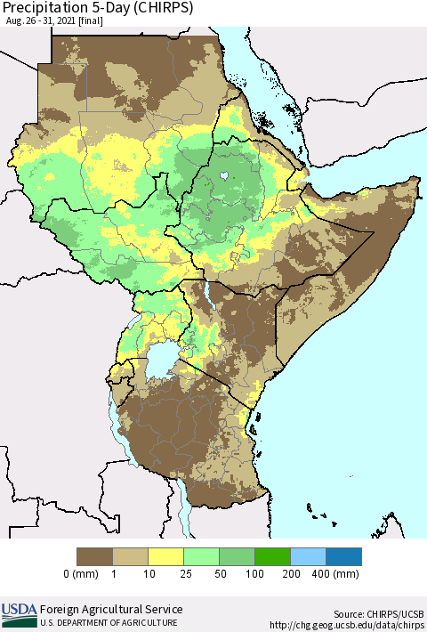 Eastern Africa Precipitation 5-Day (CHIRPS) Thematic Map For 8/26/2021 - 8/31/2021