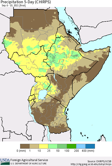 Eastern Africa Precipitation 5-Day (CHIRPS) Thematic Map For 9/6/2021 - 9/10/2021