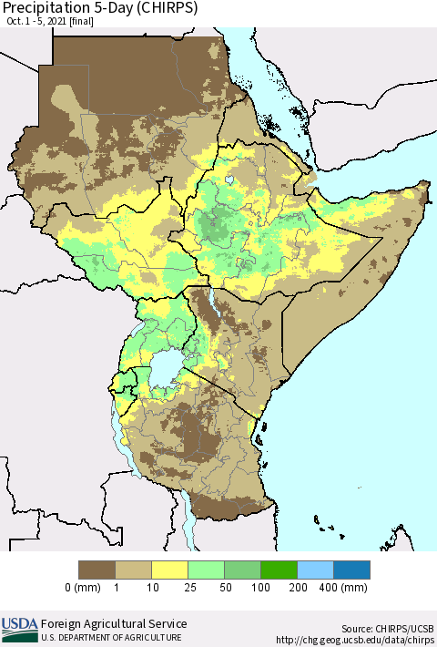 Eastern Africa Precipitation 5-Day (CHIRPS) Thematic Map For 10/1/2021 - 10/5/2021