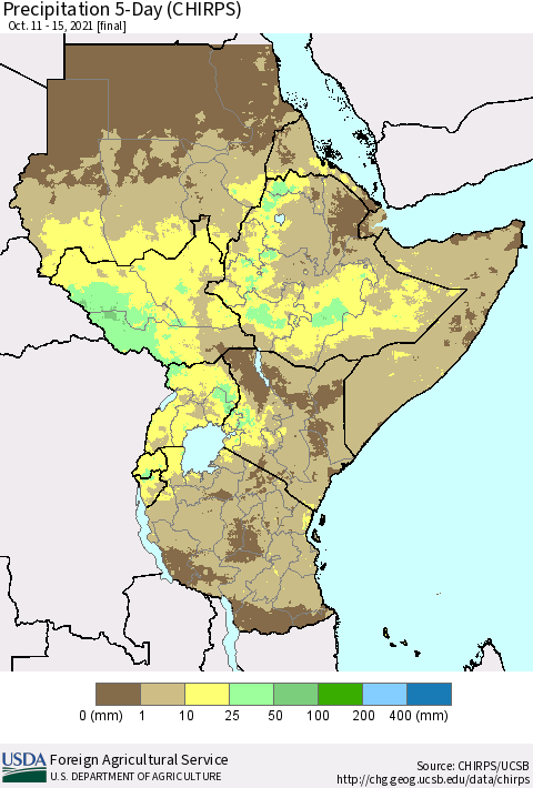 Eastern Africa Precipitation 5-Day (CHIRPS) Thematic Map For 10/11/2021 - 10/15/2021