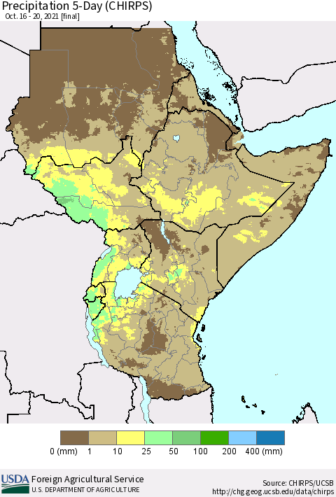 Eastern Africa Precipitation 5-Day (CHIRPS) Thematic Map For 10/16/2021 - 10/20/2021