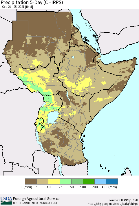 Eastern Africa Precipitation 5-Day (CHIRPS) Thematic Map For 10/21/2021 - 10/25/2021