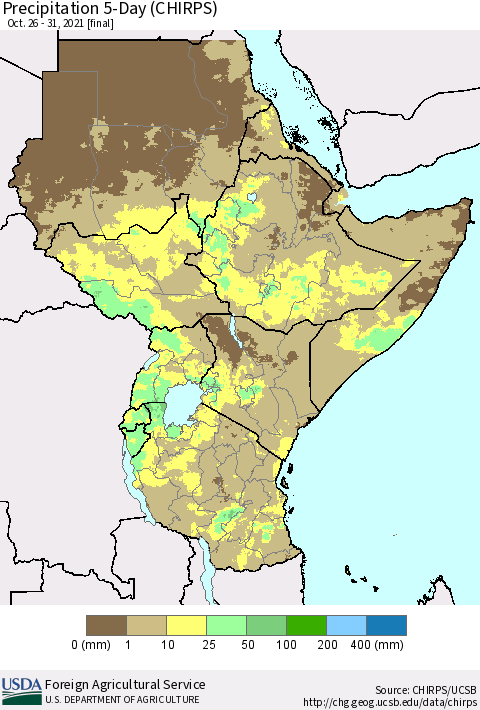 Eastern Africa Precipitation 5-Day (CHIRPS) Thematic Map For 10/26/2021 - 10/31/2021