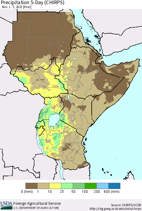 Eastern Africa Precipitation 5-Day (CHIRPS) Thematic Map For 11/1/2021 - 11/5/2021