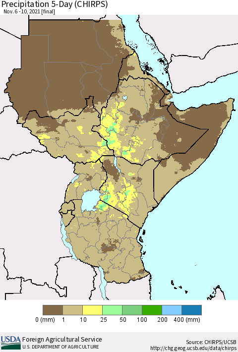 Eastern Africa Precipitation 5-Day (CHIRPS) Thematic Map For 11/6/2021 - 11/10/2021