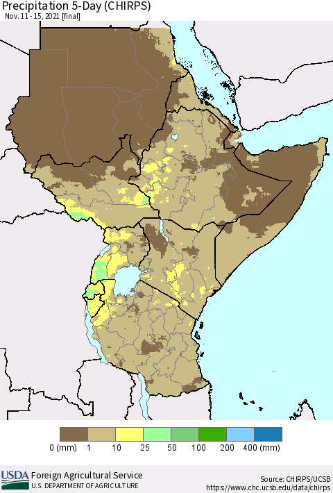 Eastern Africa Precipitation 5-Day (CHIRPS) Thematic Map For 11/11/2021 - 11/15/2021