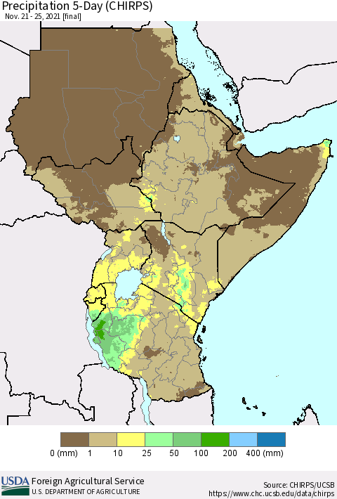 Eastern Africa Precipitation 5-Day (CHIRPS) Thematic Map For 11/21/2021 - 11/25/2021