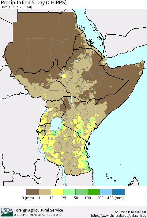 Eastern Africa Precipitation 5-Day (CHIRPS) Thematic Map For 12/1/2021 - 12/5/2021