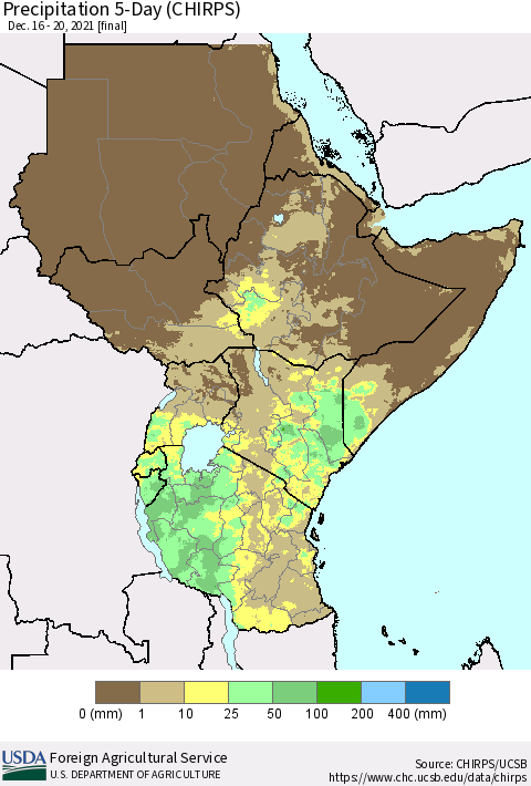 Eastern Africa Precipitation 5-Day (CHIRPS) Thematic Map For 12/16/2021 - 12/20/2021