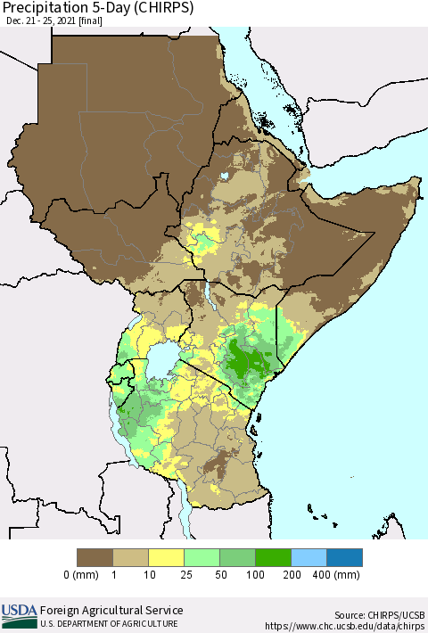 Eastern Africa Precipitation 5-Day (CHIRPS) Thematic Map For 12/21/2021 - 12/25/2021