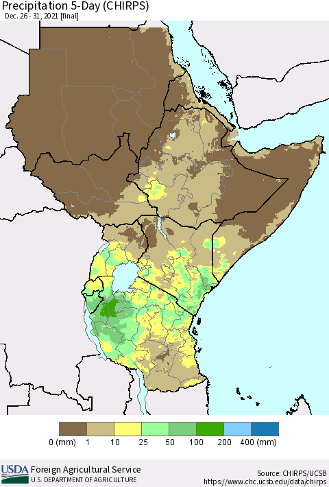 Eastern Africa Precipitation 5-Day (CHIRPS) Thematic Map For 12/26/2021 - 12/31/2021