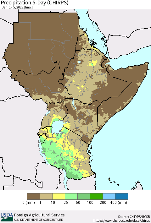 Eastern Africa Precipitation 5-Day (CHIRPS) Thematic Map For 1/1/2022 - 1/5/2022