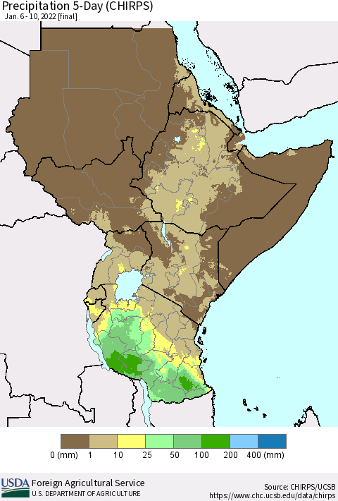 Eastern Africa Precipitation 5-Day (CHIRPS) Thematic Map For 1/6/2022 - 1/10/2022
