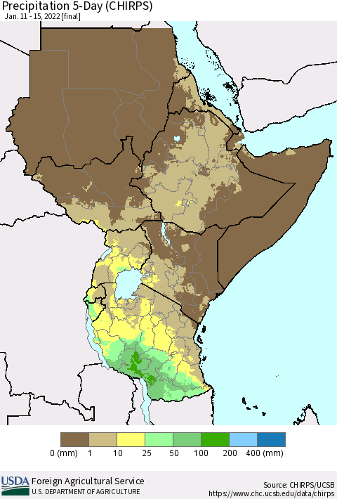 Eastern Africa Precipitation 5-Day (CHIRPS) Thematic Map For 1/11/2022 - 1/15/2022
