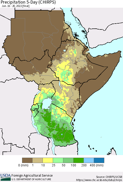Eastern Africa Precipitation 5-Day (CHIRPS) Thematic Map For 1/16/2022 - 1/20/2022