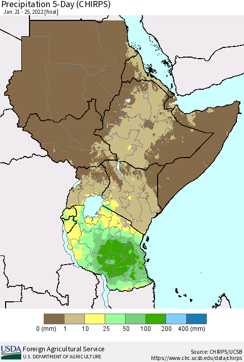 Eastern Africa Precipitation 5-Day (CHIRPS) Thematic Map For 1/21/2022 - 1/25/2022