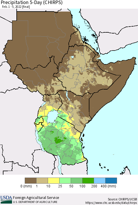 Eastern Africa Precipitation 5-Day (CHIRPS) Thematic Map For 2/1/2022 - 2/5/2022