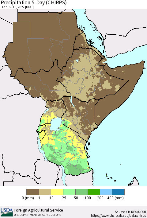 Eastern Africa Precipitation 5-Day (CHIRPS) Thematic Map For 2/6/2022 - 2/10/2022