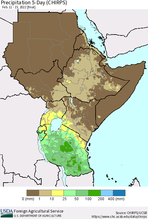 Eastern Africa Precipitation 5-Day (CHIRPS) Thematic Map For 2/11/2022 - 2/15/2022
