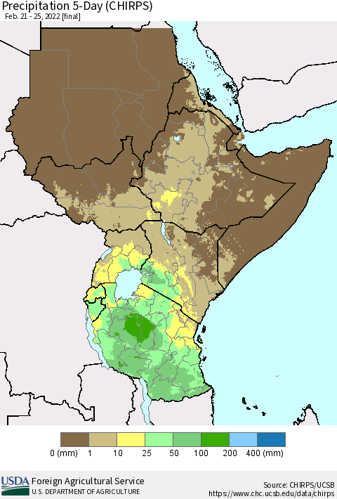 Eastern Africa Precipitation 5-Day (CHIRPS) Thematic Map For 2/21/2022 - 2/25/2022