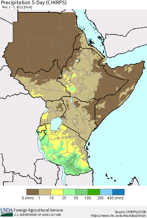 Eastern Africa Precipitation 5-Day (CHIRPS) Thematic Map For 3/1/2022 - 3/5/2022
