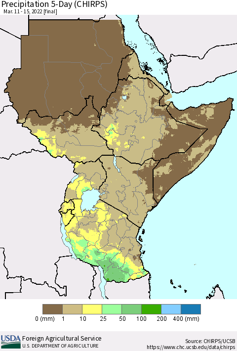 Eastern Africa Precipitation 5-Day (CHIRPS) Thematic Map For 3/11/2022 - 3/15/2022