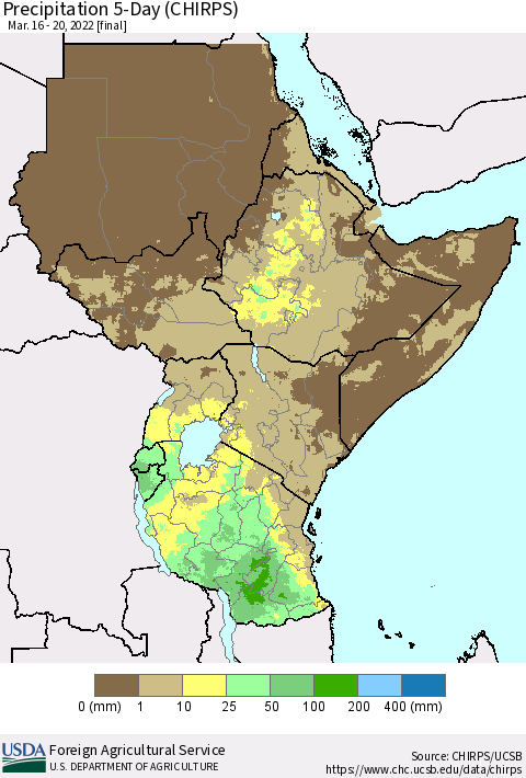 Eastern Africa Precipitation 5-Day (CHIRPS) Thematic Map For 3/16/2022 - 3/20/2022
