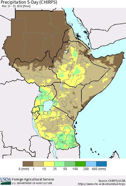 Eastern Africa Precipitation 5-Day (CHIRPS) Thematic Map For 3/21/2022 - 3/25/2022