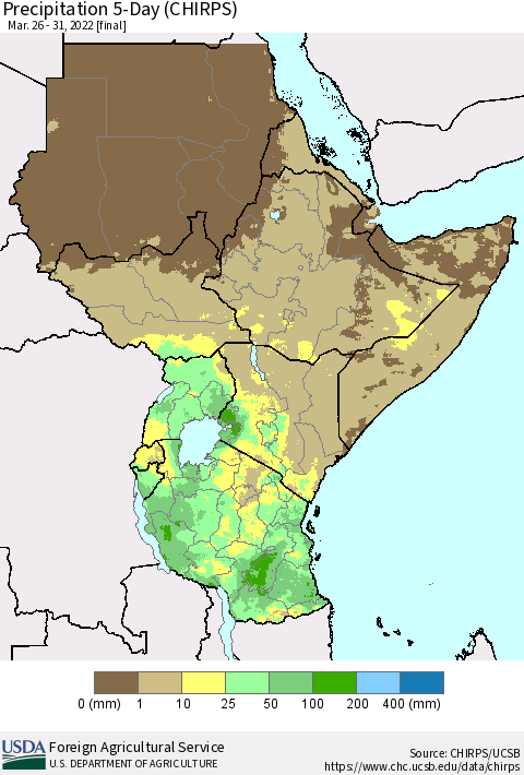 Eastern Africa Precipitation 5-Day (CHIRPS) Thematic Map For 3/26/2022 - 3/31/2022