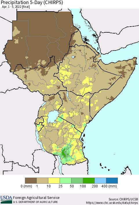 Eastern Africa Precipitation 5-Day (CHIRPS) Thematic Map For 4/1/2022 - 4/5/2022
