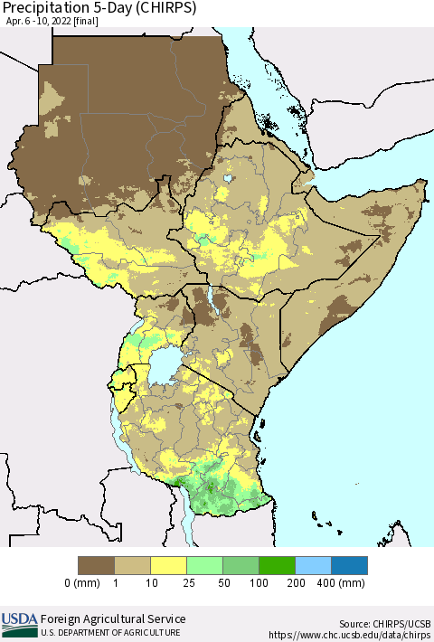 Eastern Africa Precipitation 5-Day (CHIRPS) Thematic Map For 4/6/2022 - 4/10/2022