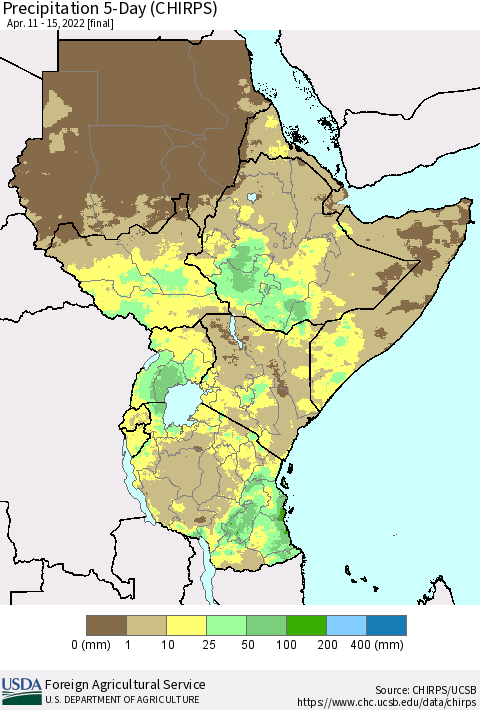 Eastern Africa Precipitation 5-Day (CHIRPS) Thematic Map For 4/11/2022 - 4/15/2022