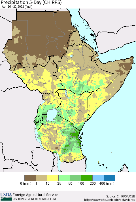 Eastern Africa Precipitation 5-Day (CHIRPS) Thematic Map For 4/16/2022 - 4/20/2022