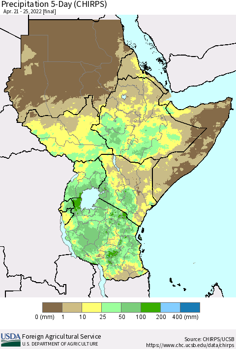 Eastern Africa Precipitation 5-Day (CHIRPS) Thematic Map For 4/21/2022 - 4/25/2022