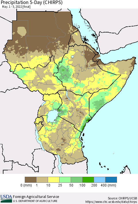 Eastern Africa Precipitation 5-Day (CHIRPS) Thematic Map For 5/1/2022 - 5/5/2022
