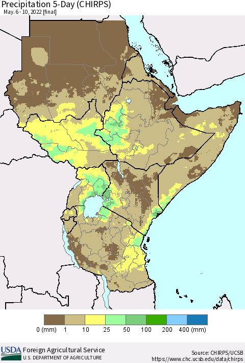 Eastern Africa Precipitation 5-Day (CHIRPS) Thematic Map For 5/6/2022 - 5/10/2022
