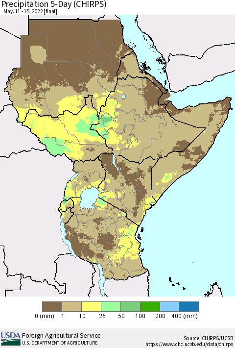Eastern Africa Precipitation 5-Day (CHIRPS) Thematic Map For 5/11/2022 - 5/15/2022