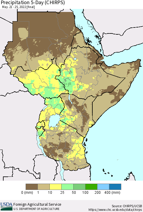 Eastern Africa Precipitation 5-Day (CHIRPS) Thematic Map For 5/21/2022 - 5/25/2022