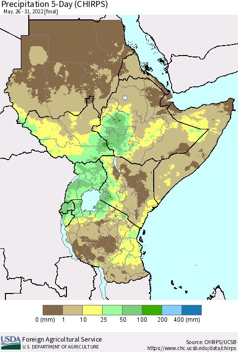Eastern Africa Precipitation 5-Day (CHIRPS) Thematic Map For 5/26/2022 - 5/31/2022