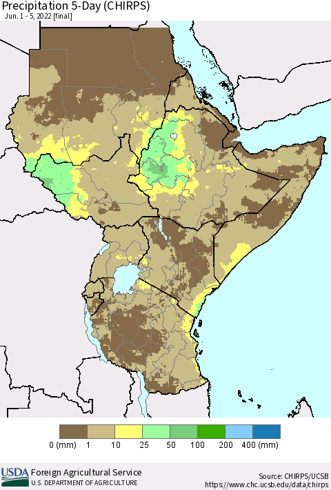Eastern Africa Precipitation 5-Day (CHIRPS) Thematic Map For 6/1/2022 - 6/5/2022