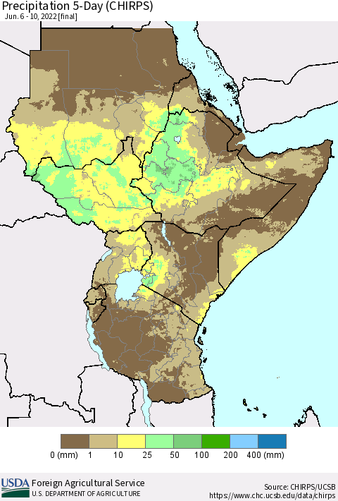 Eastern Africa Precipitation 5-Day (CHIRPS) Thematic Map For 6/6/2022 - 6/10/2022